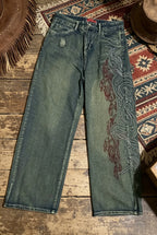 Vintage-style wide-leg jeans with side print