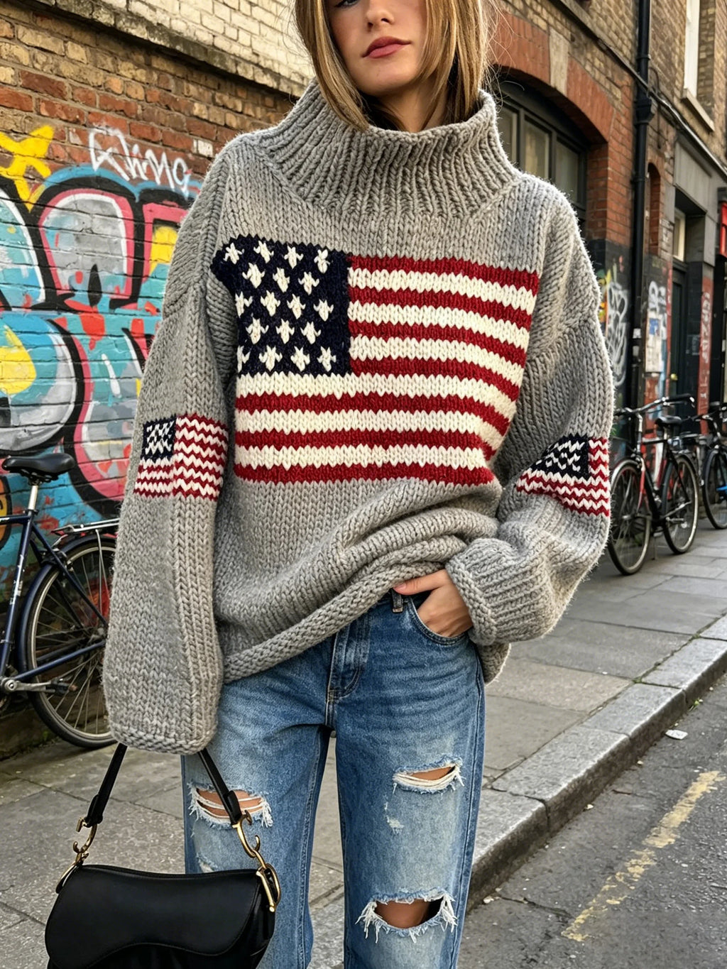 American flag-patterned turtleneck sweater