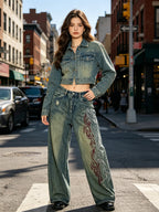 Vintage-style wide-leg jeans with side print