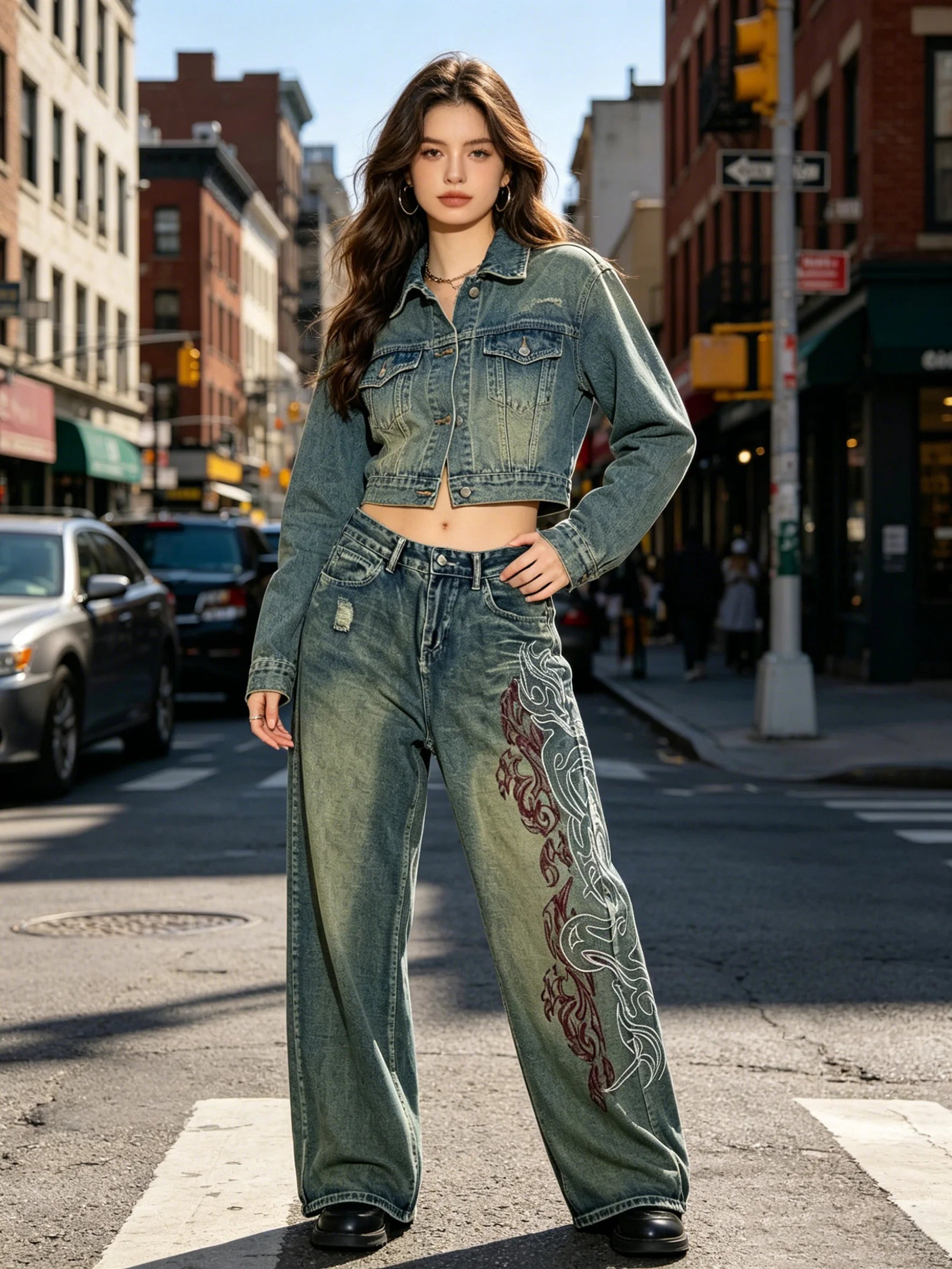 Vintage-style wide-leg jeans with side print