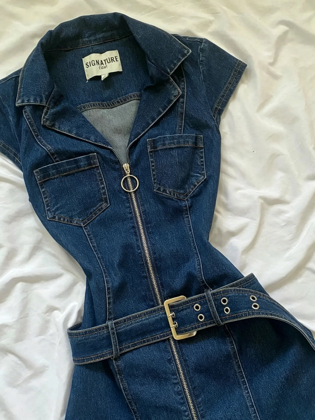 Collared Zip-up Denim Dress