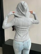 Grey Ribbed Knitted Hoodie with Zipper