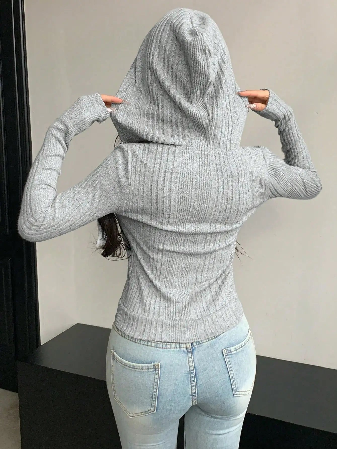 Grey Ribbed Knitted Hoodie with Zipper