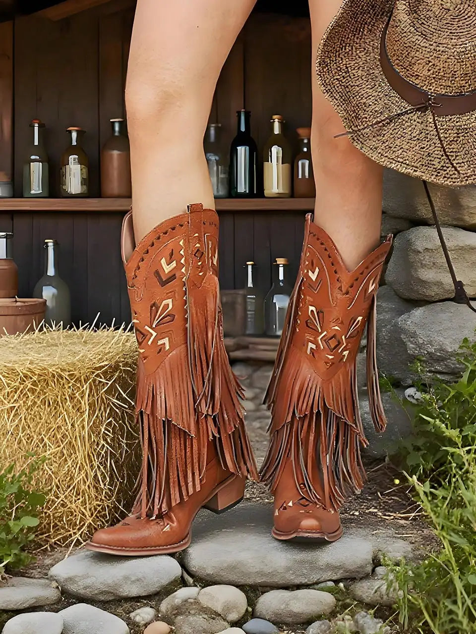 Mid Calf Tassels Pointed Toe Chunky Heels Boot