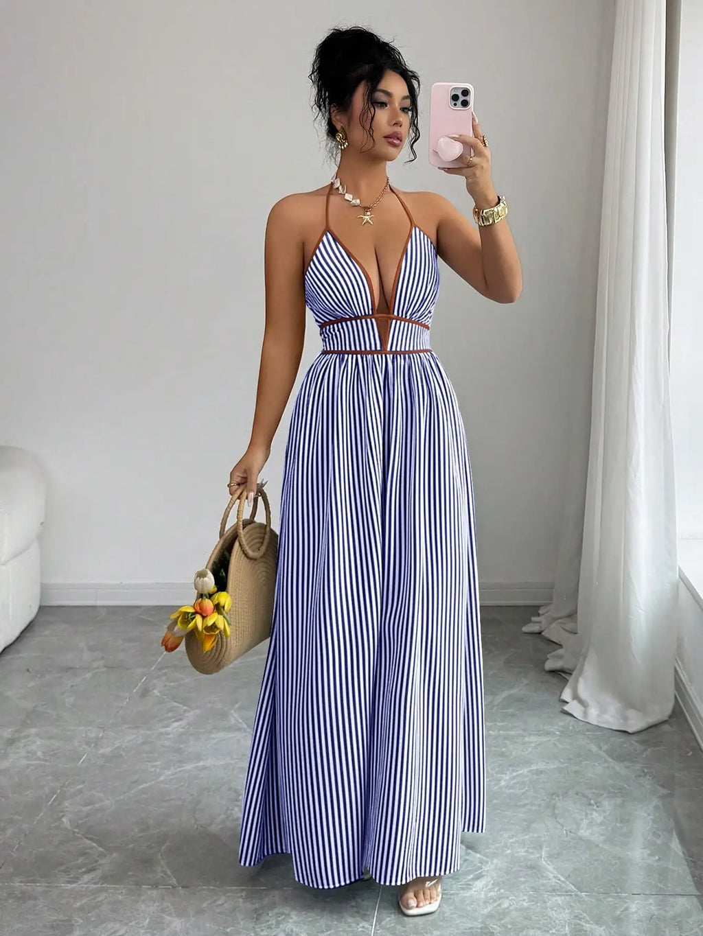Striped Plunging Halter Maxi Dress
