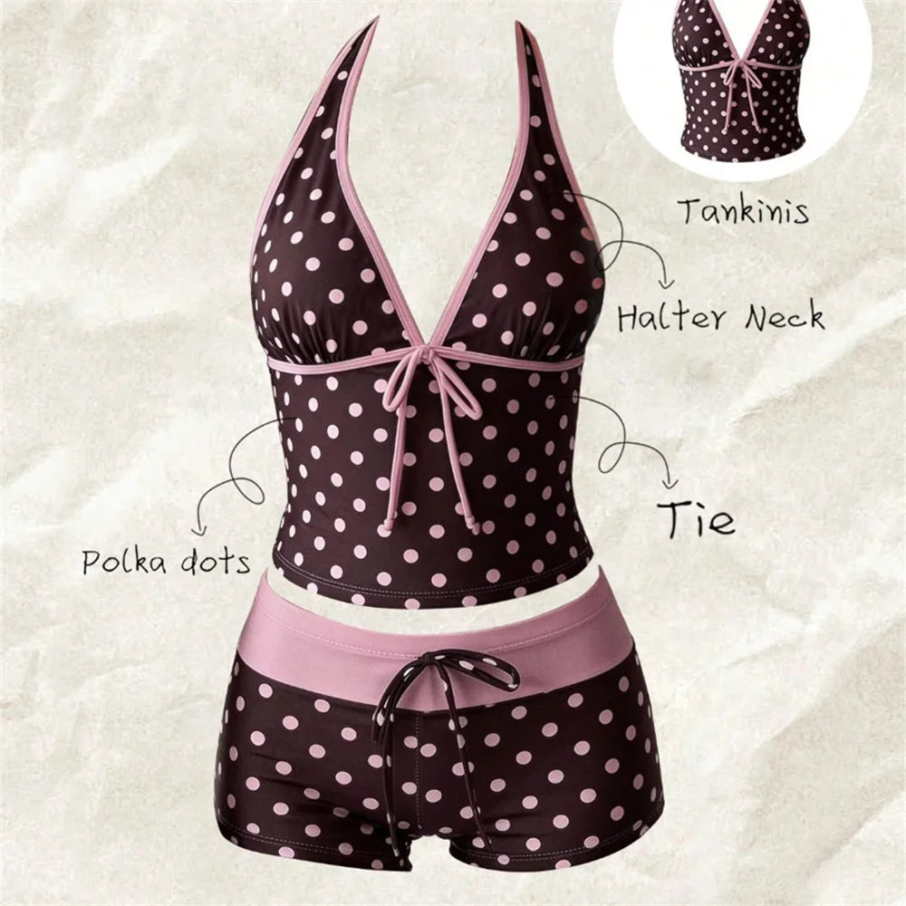 Pink Dot Halter Backless Swimsuit