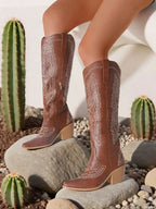 Embroidered Point Toe Chunky Heels Knee High Boots