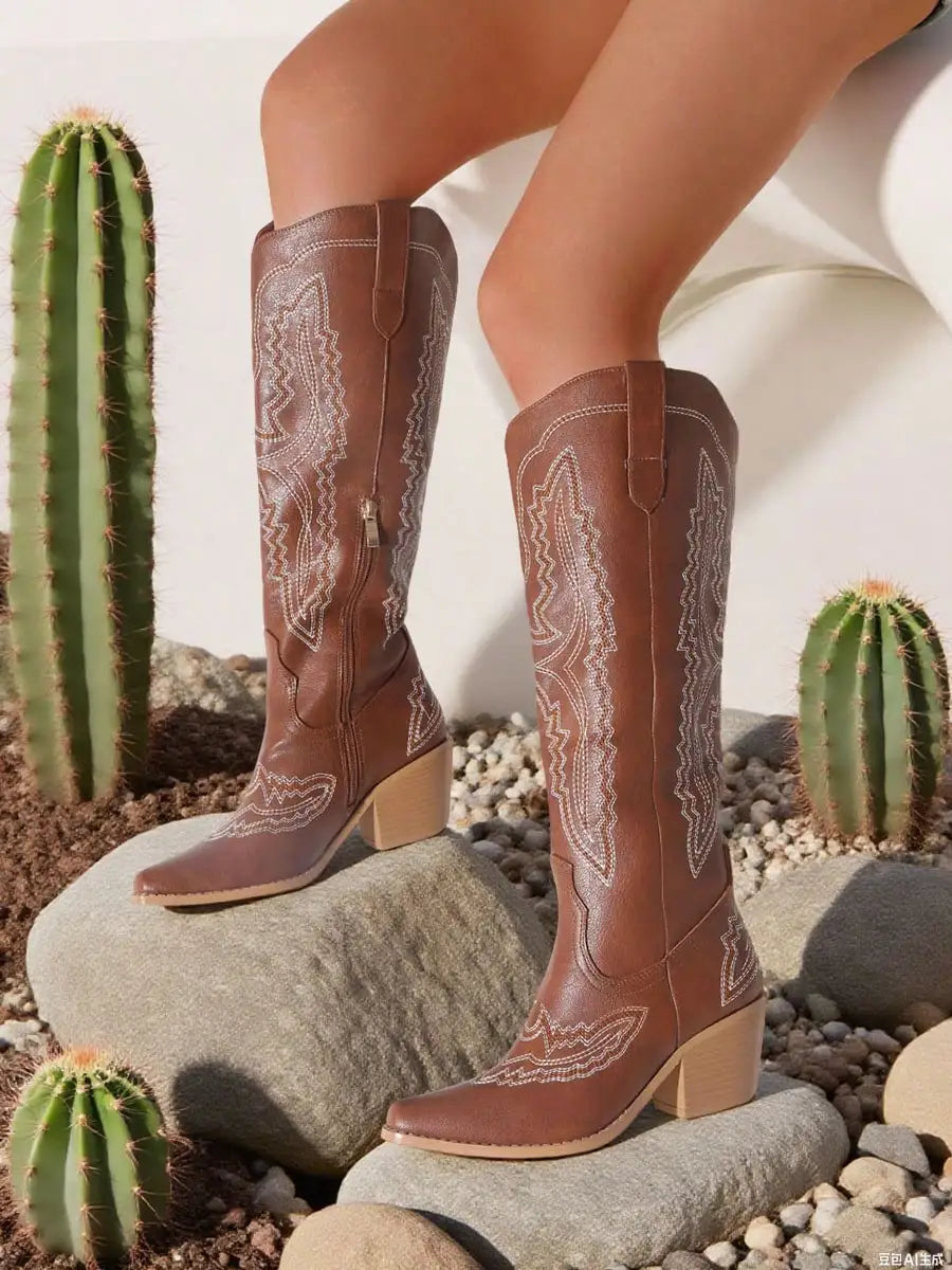 Embroidered Point Toe Chunky Heels Knee High Boots