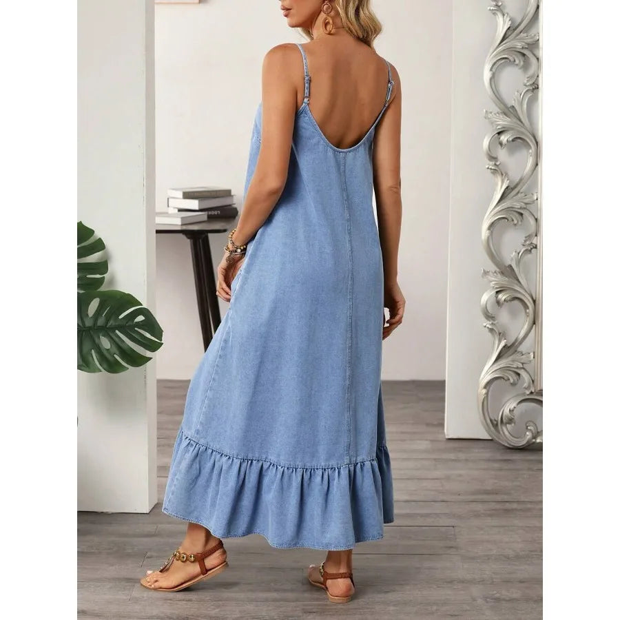 Casual Denim Dress With Ruffle Hem