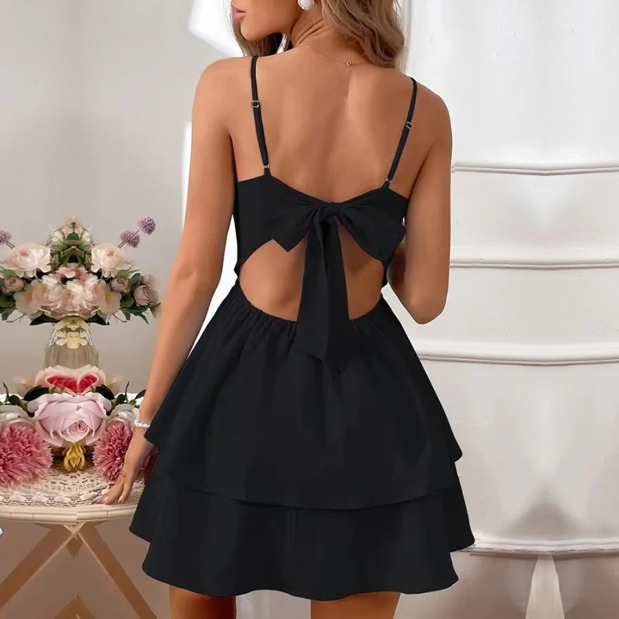 Open-back Bow U-tie Short Sling Dress