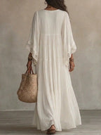 Women Solid Lace V Neck Maxi Dress