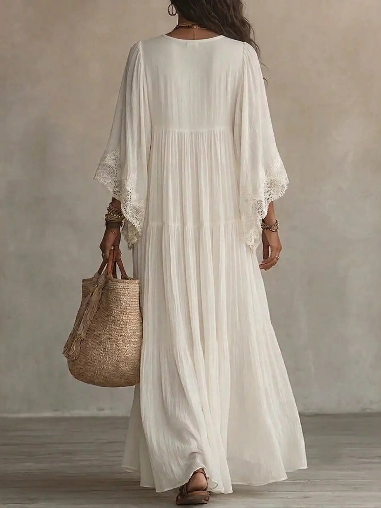 Women Solid Lace V Neck Maxi Dress