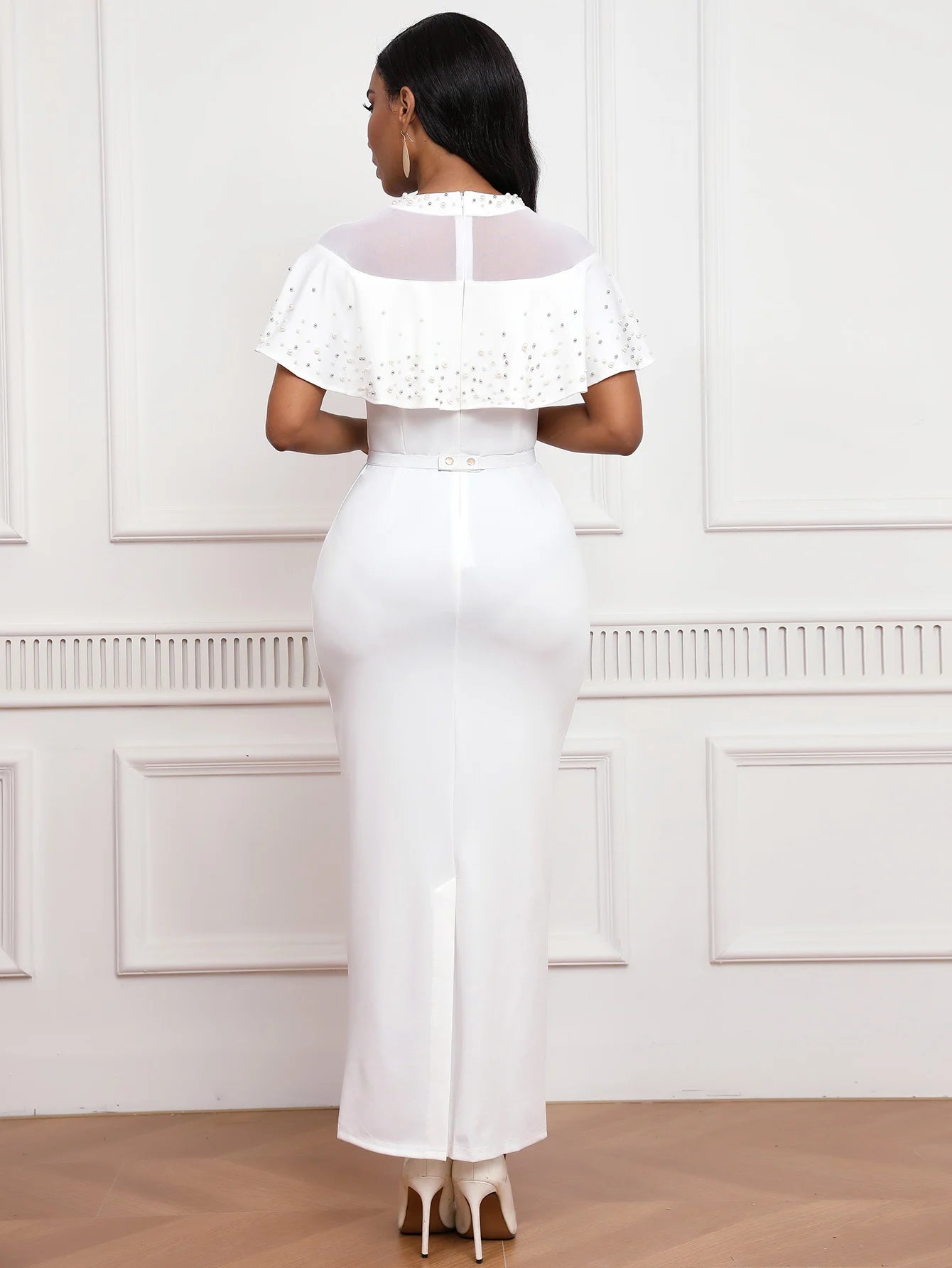 Elegant Dress with Beaded Tulle Shawl Sleeves
