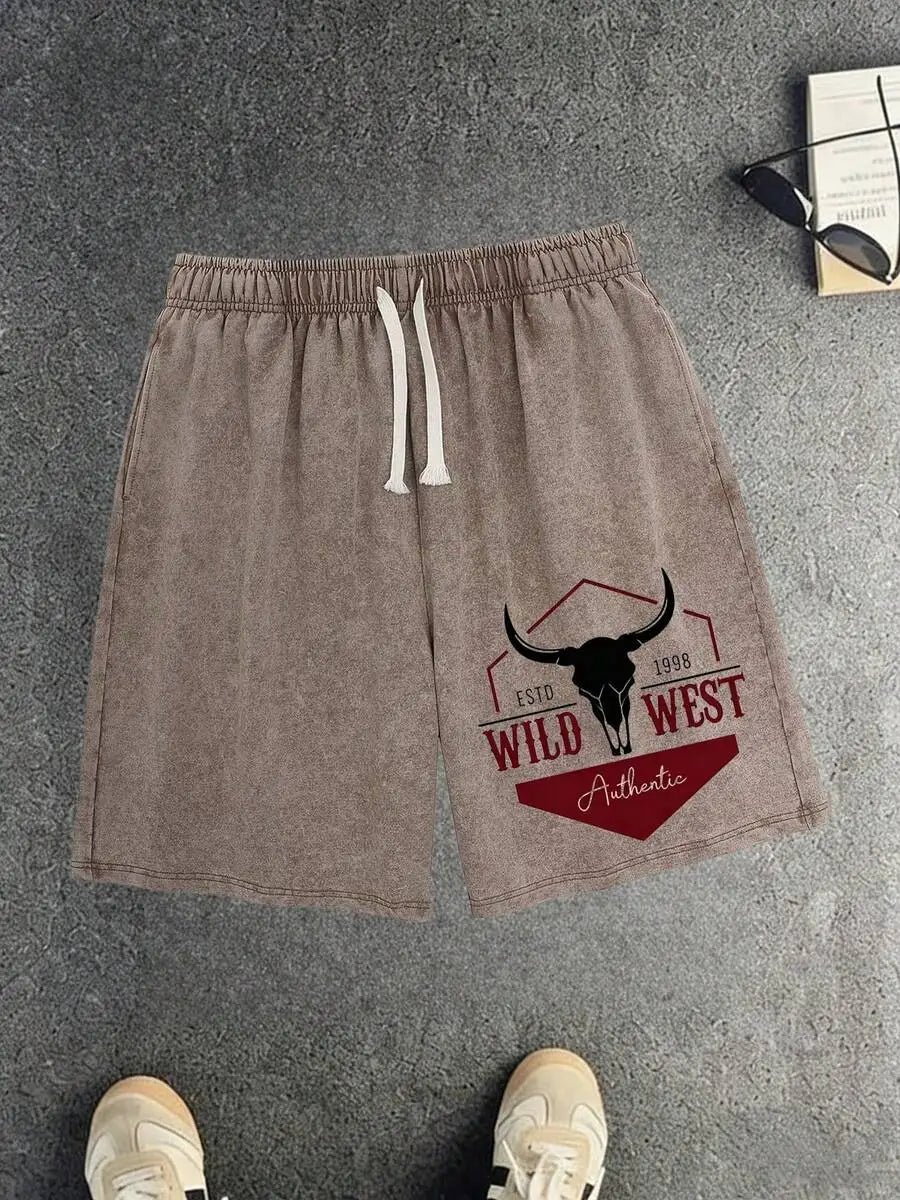 Western Print Cotton Drawstring Shorts