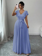 Ruffle Sleeve Pleated A-Line Maxi Dress