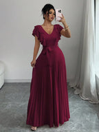 Ruffle Sleeve Pleated A-Line Maxi Dress