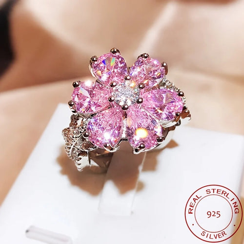 925 Silver Rings Dazzling Pink Flower