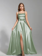 Spaghetti Strap Satin Elegant Long Backless A-line Maxi