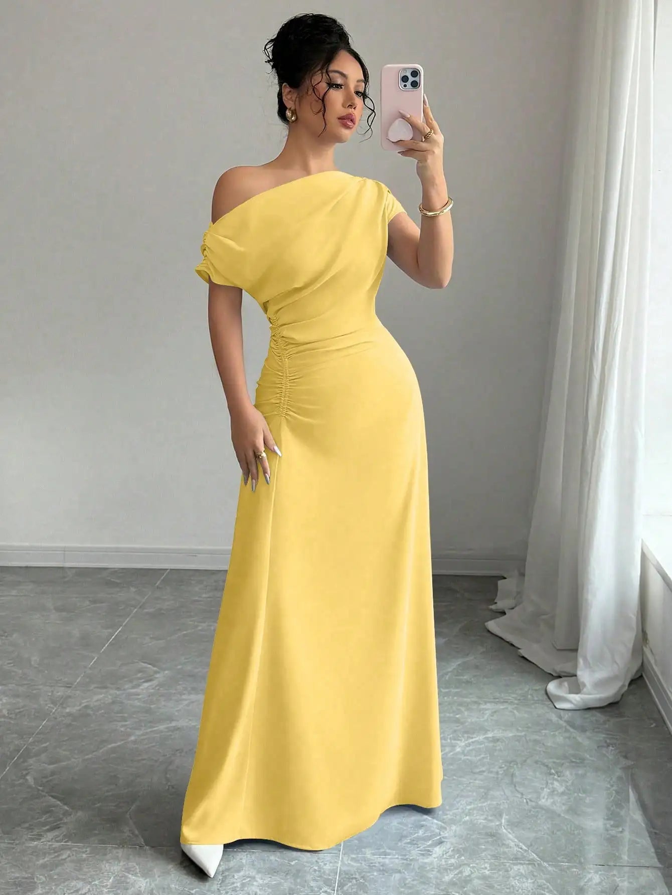 Asymmetrical One-Shoulder Ruched Maxi Dress