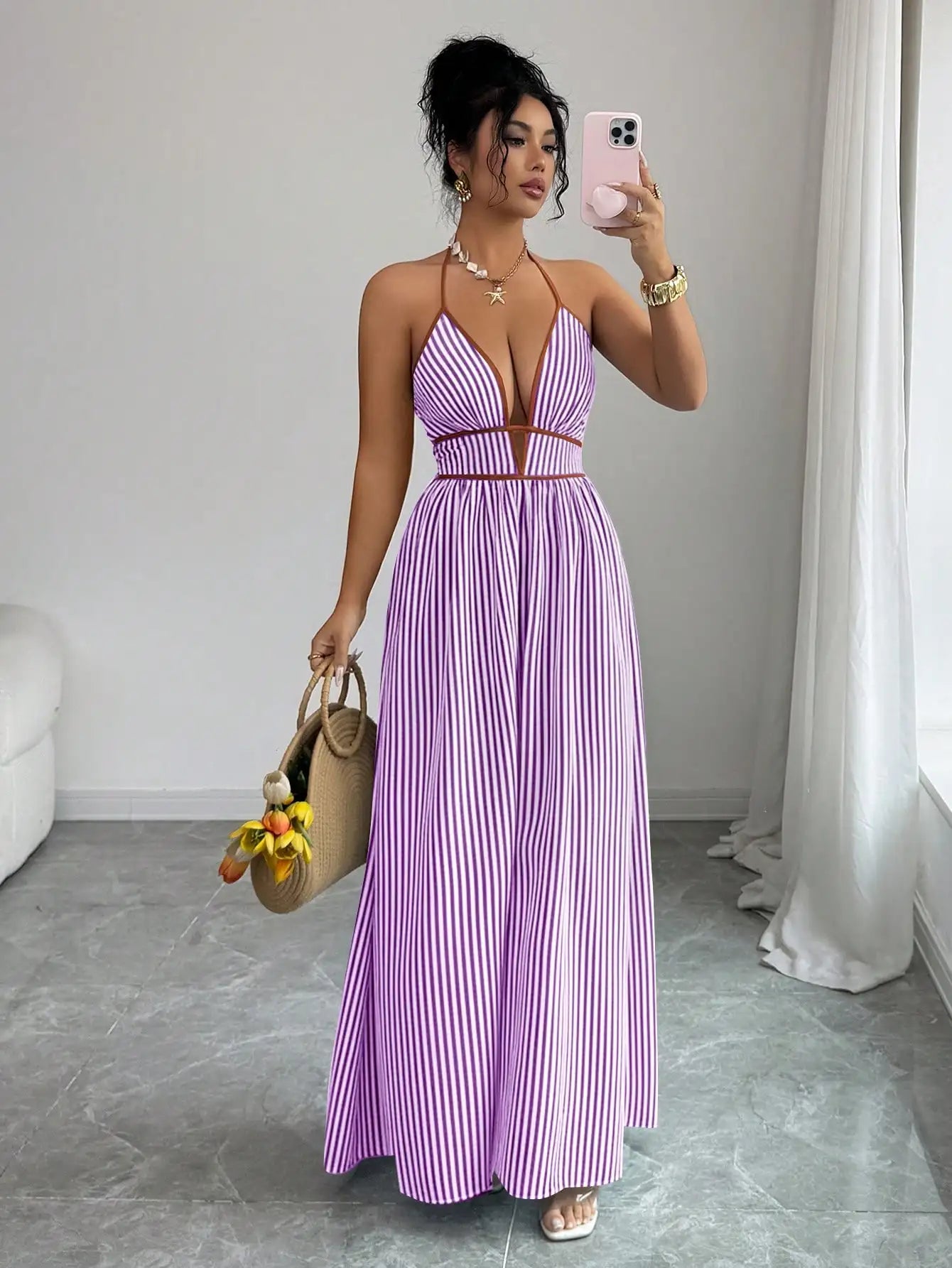 Striped Plunging Halter Maxi Dress