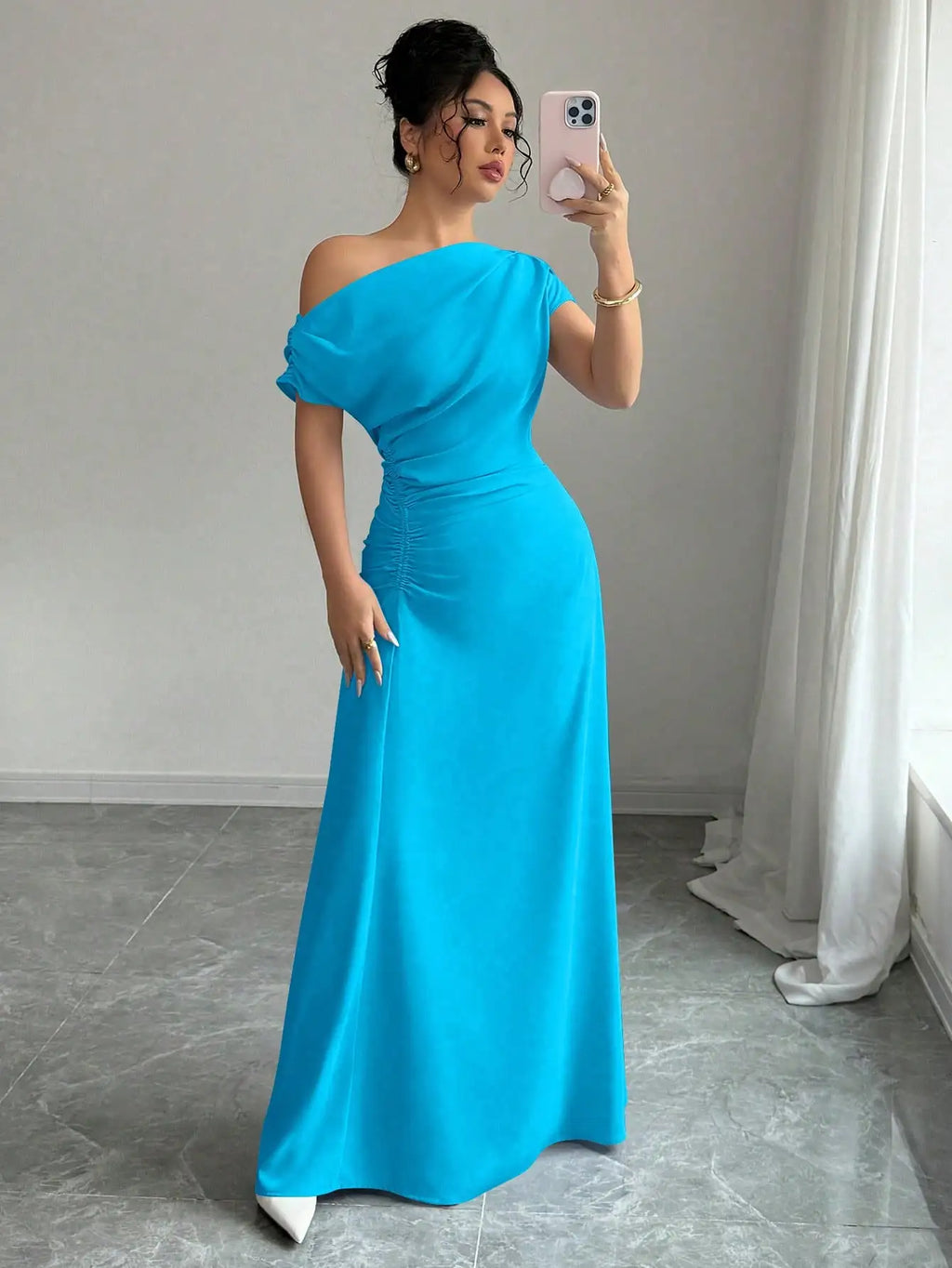 Asymmetrical One-Shoulder Ruched Maxi Dress