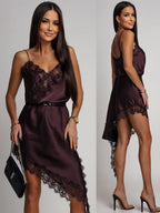 Dark Brown Satin Lace Slip Dress Spaghetti Strap