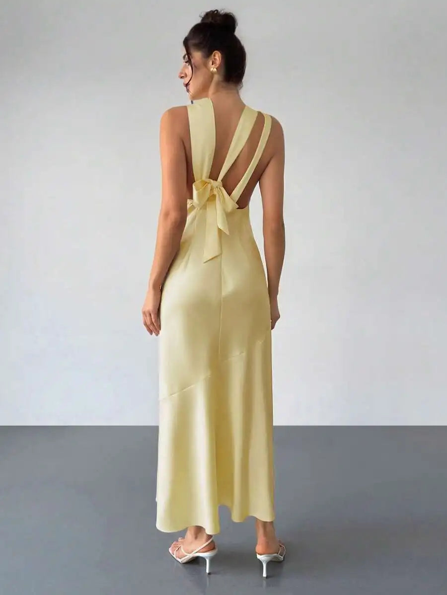 Elegant Pale Yellow Satin Silk Dress