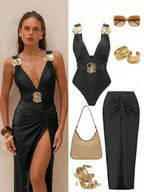 Swimsuit With Decorative Buckles And Matching Skirt