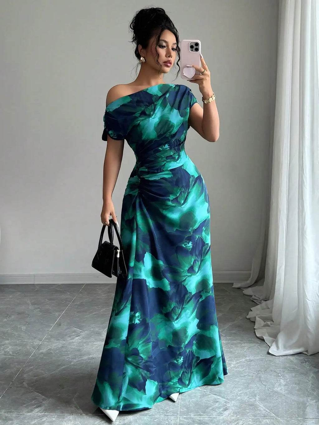 Asymmetrical One-Shoulder Ruched Maxi Dress