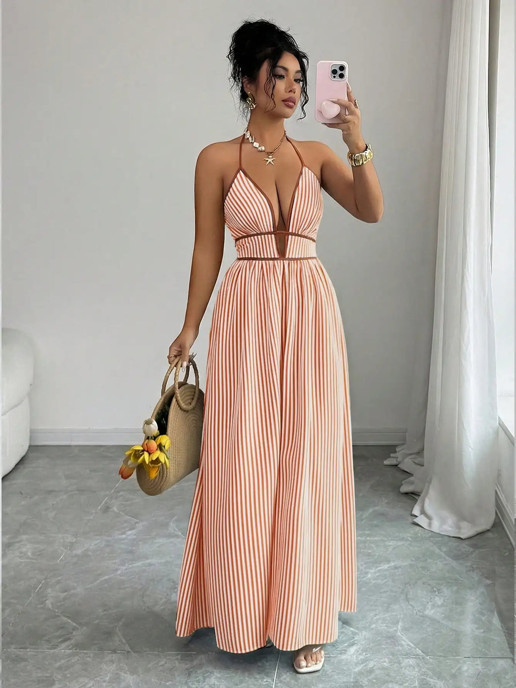 Striped Plunging Halter Maxi Dress
