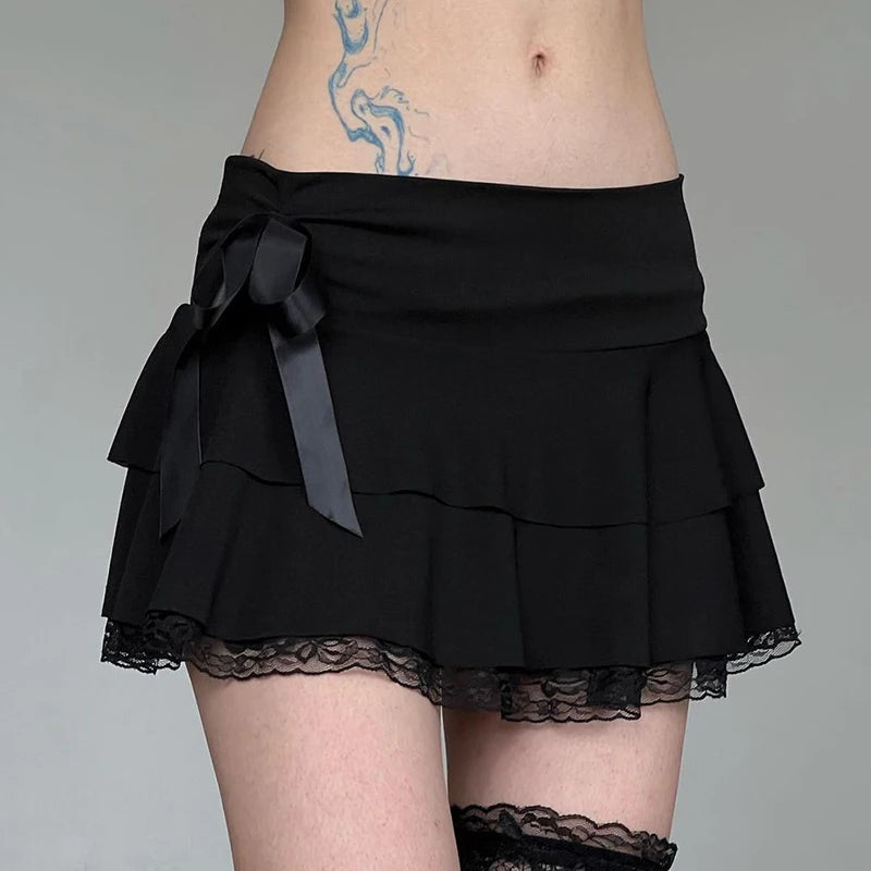 Black Mini Skirt Lace Trim Bow