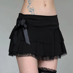 Black Mini Skirt Lace Trim Bow