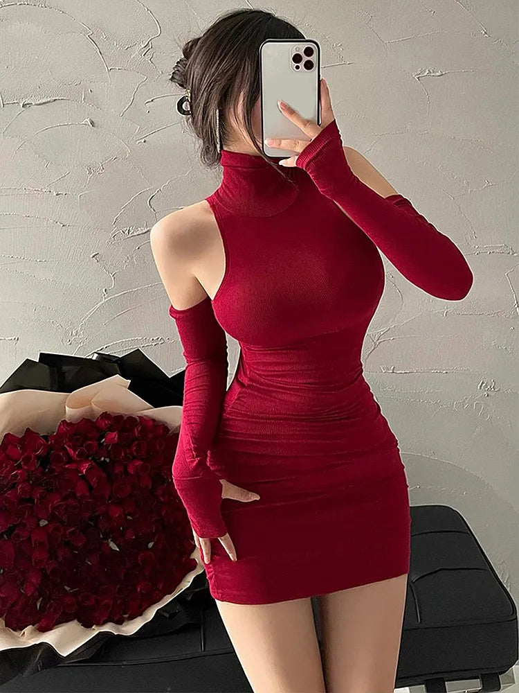 High Neck Bodycon Dress Oversleeve