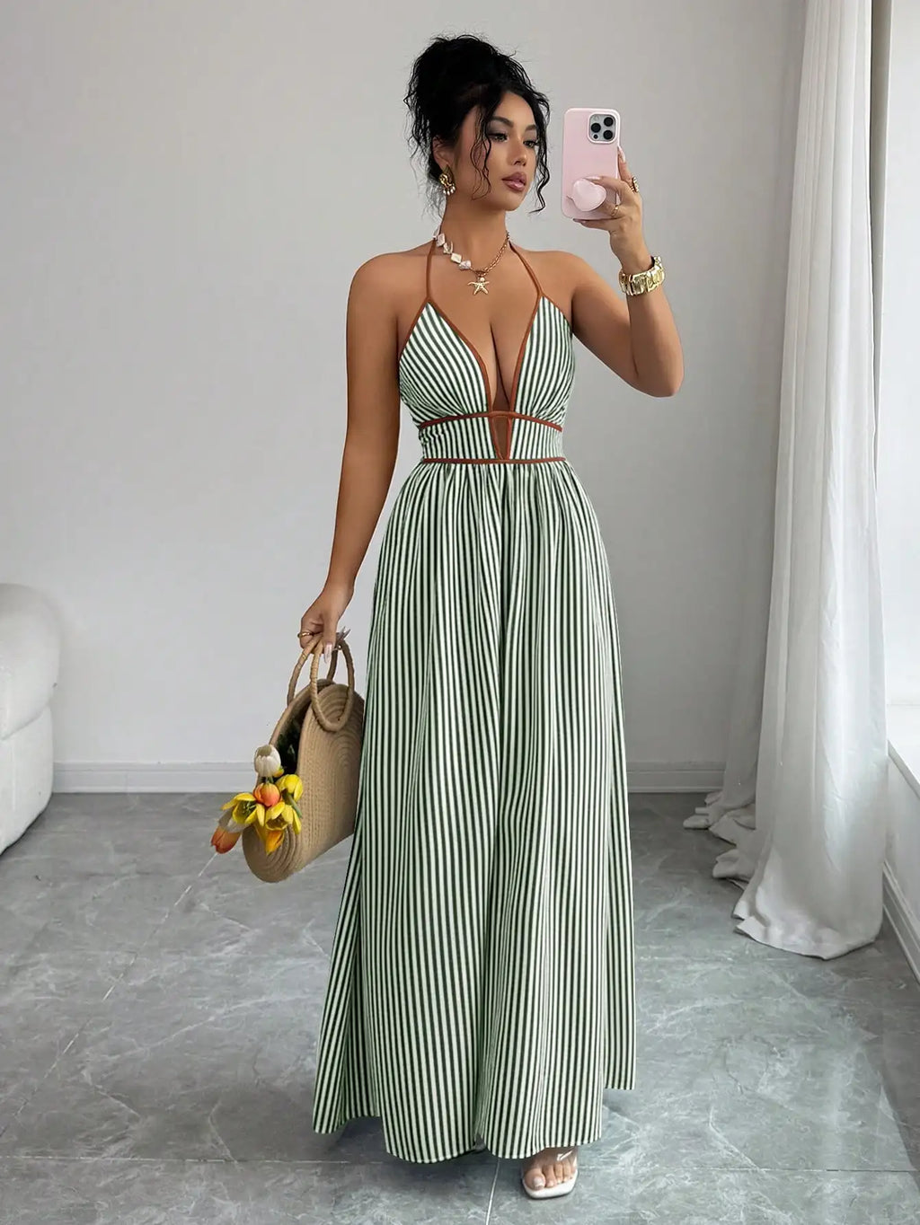 Striped Plunging Halter Maxi Dress