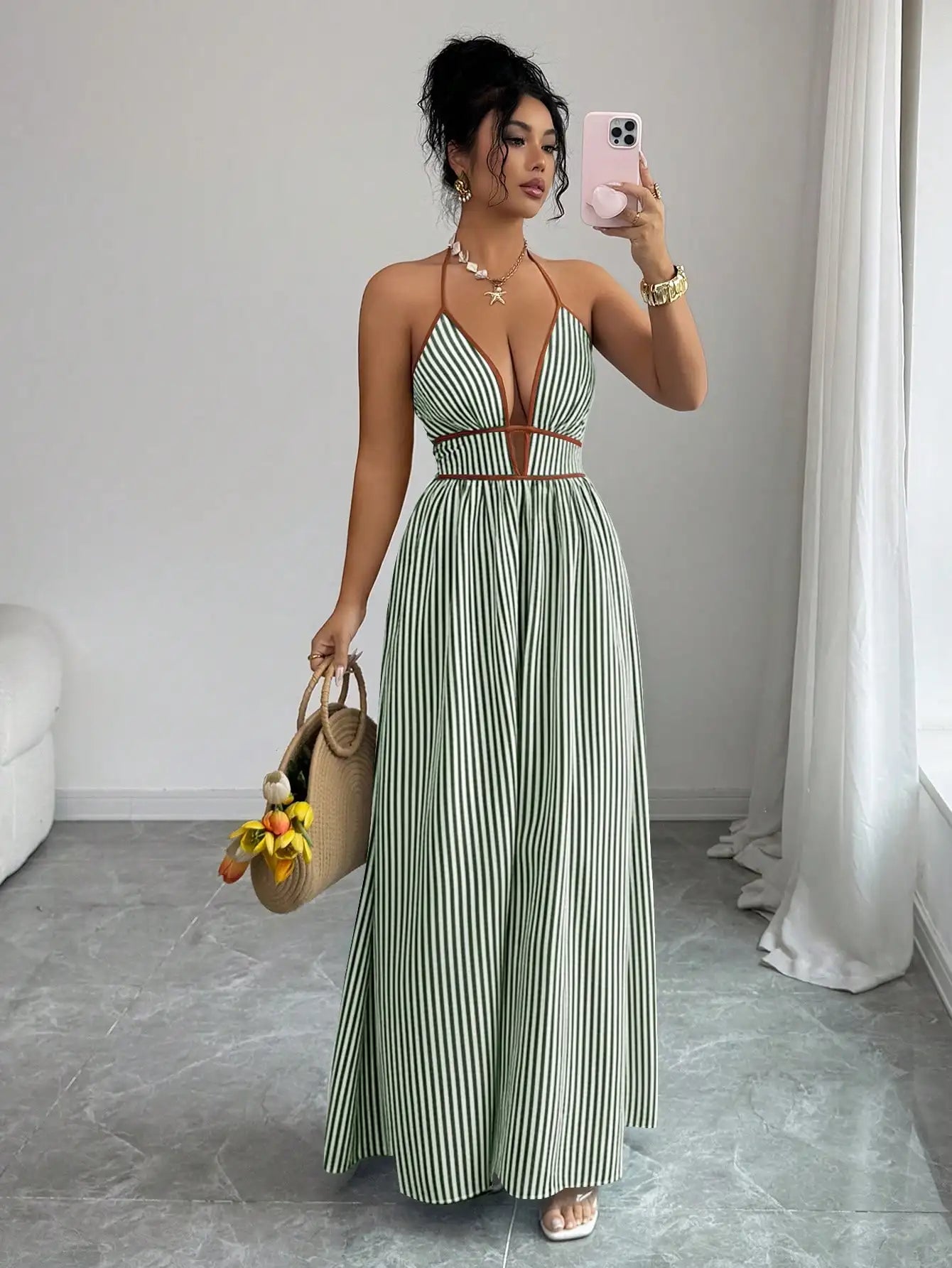 Striped Plunging Halter Maxi Dress