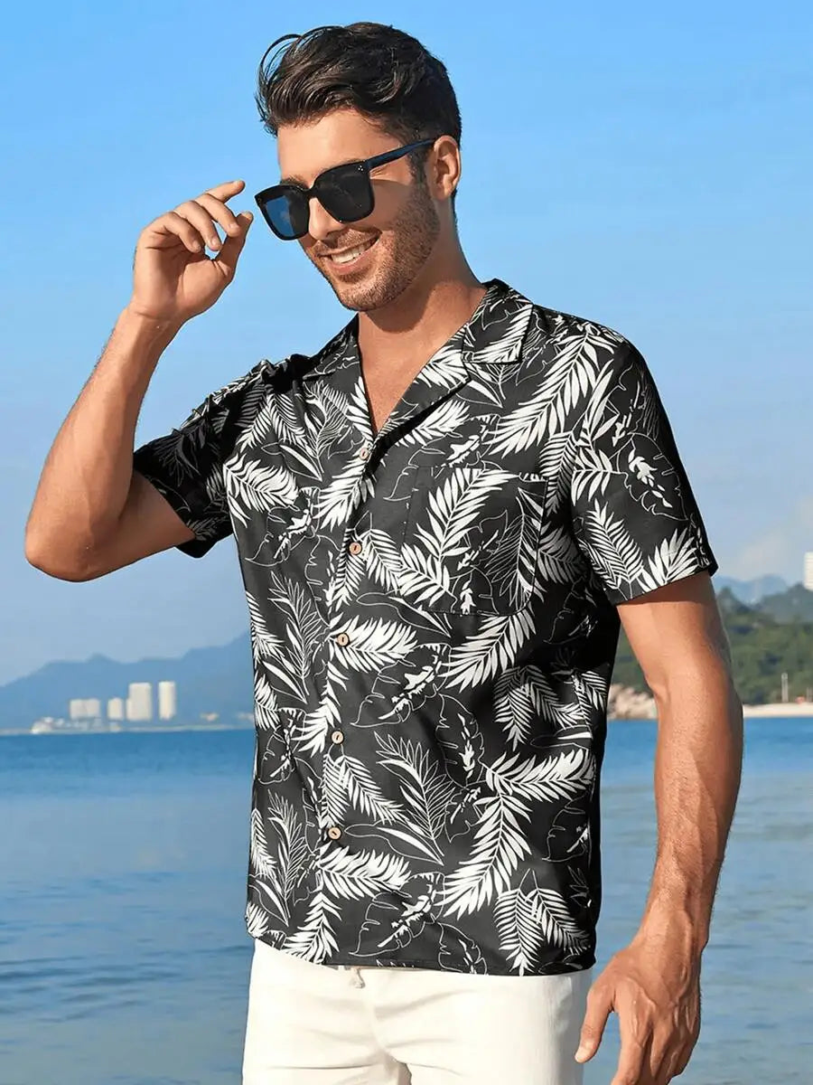 Tropical Palm Leaf Print Hawaiian Shirt