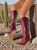 Embroidered Point Toe Chunky Heels Knee High Boots