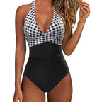 Cross Front Striped One Piece Halter Neck