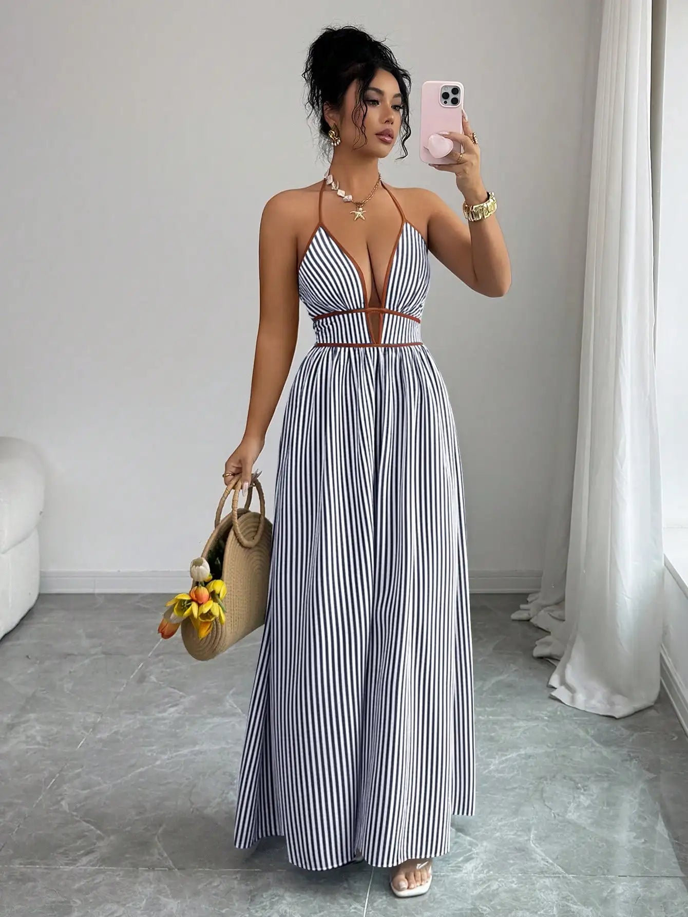 Striped Plunging Halter Maxi Dress