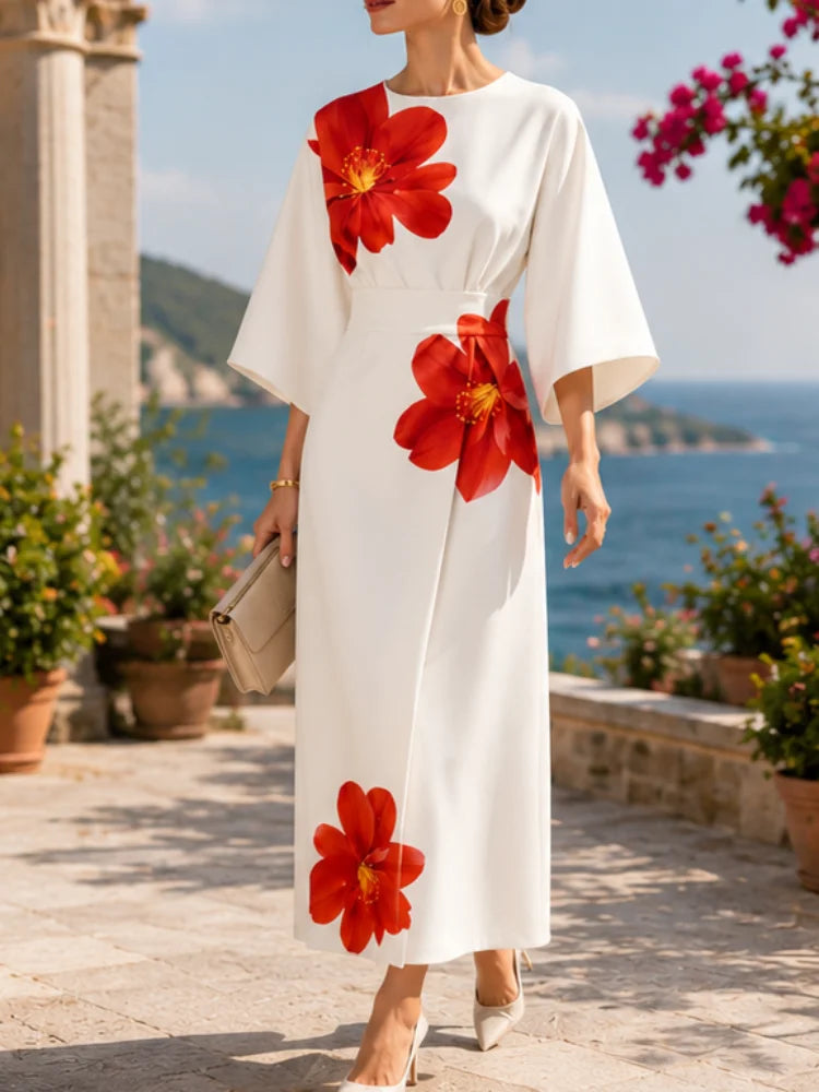 Women Elegant White Midi Wrap Dress Big Red Floral Print Puff Lantern Sleeve Belted Waist V Neck Formal Party Midi Dresses Vintage Chic Streetwear Wedding Guest Outfit
