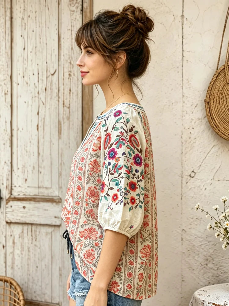 Paisley Floral Vertical Striped Peasant Blouse
