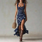 Bohemian Vintage Ruffled Sleeveless Halter Maxi Dress