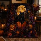 1pc Black Cat Halloween Flannel Fleece Throw Blanket, Full Moon, Pumpkins, Bats& Gothic Floral Print, Soft Cozy Lightweight Blanket for Couch, Bed& Sofa, Spooky Fall Home Decor and Gift for Cat Lovers