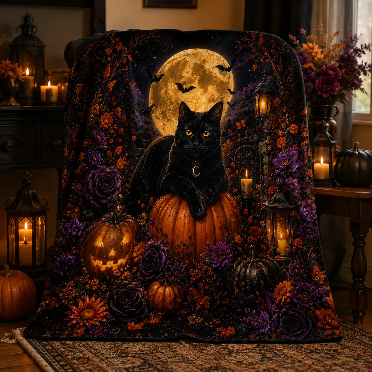 1pc Black Cat Halloween Flannel Fleece Throw Blanket, Full Moon, Pumpkins, Bats& Gothic Floral Print, Soft Cozy Lightweight Blanket for Couch, Bed& Sofa, Spooky Fall Home Decor and Gift for Cat Lovers