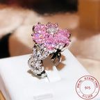 925 Silver Rings Dazzling Pink Flower