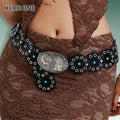 Fashion Patchwork Belt with Oval Flower Buckle
