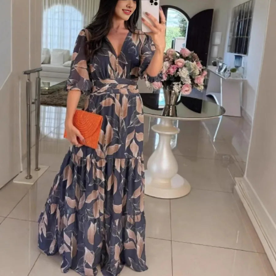 V-neck Elegant Printed Long Sleeve Dress