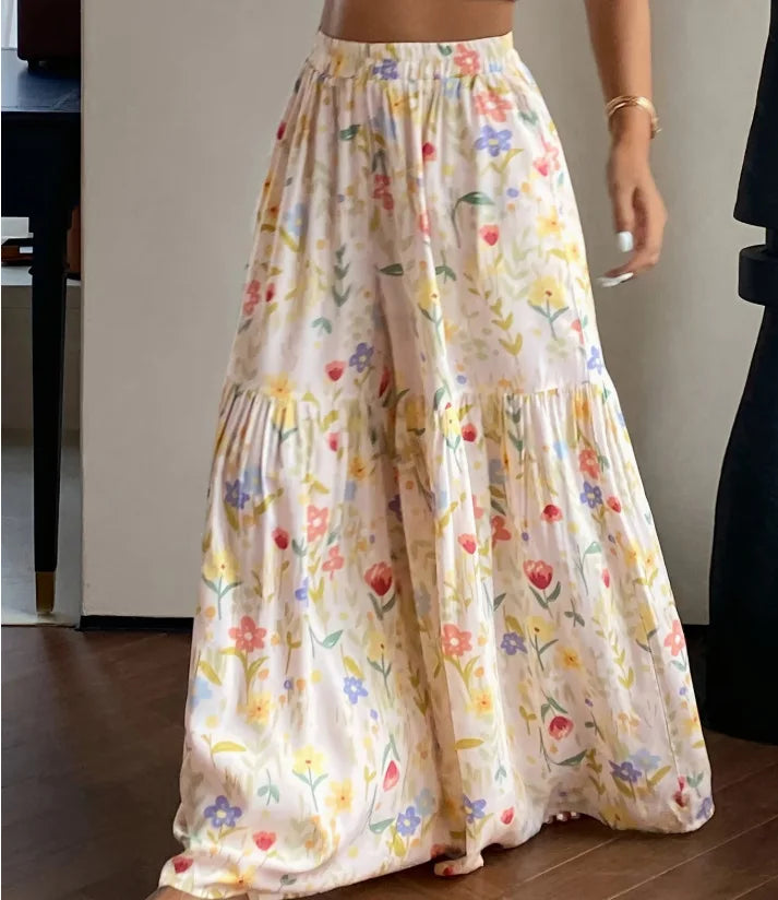 Pastel Floral Print Tiered Wide Leg Pants