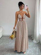 Striped Plunging Halter Maxi Dress