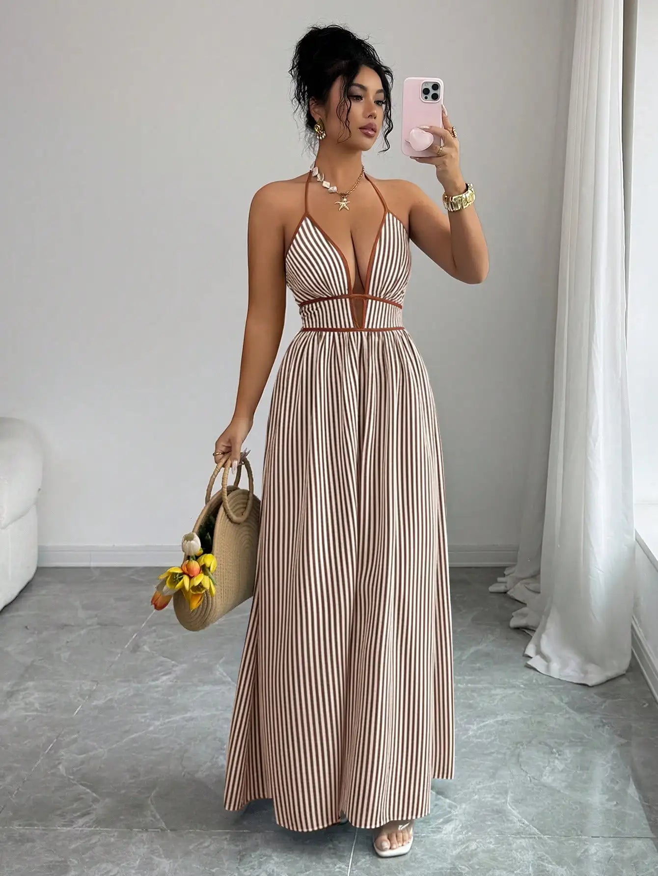 Striped Plunging Halter Maxi Dress